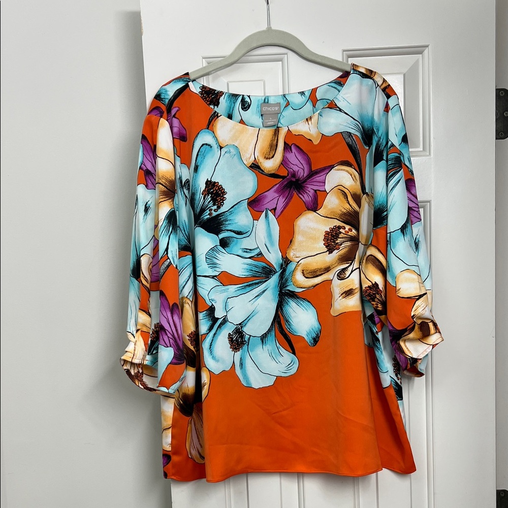 Chico's Orange Floral Blouse with Blue and Purple Accents